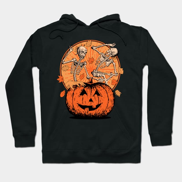 Vintage Pumpkin Skeletons Dancing Scene Hoodie by Three Meat Curry